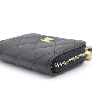 Black Lambskin Leather CC Zip Around Purse with Gold Ball Chain