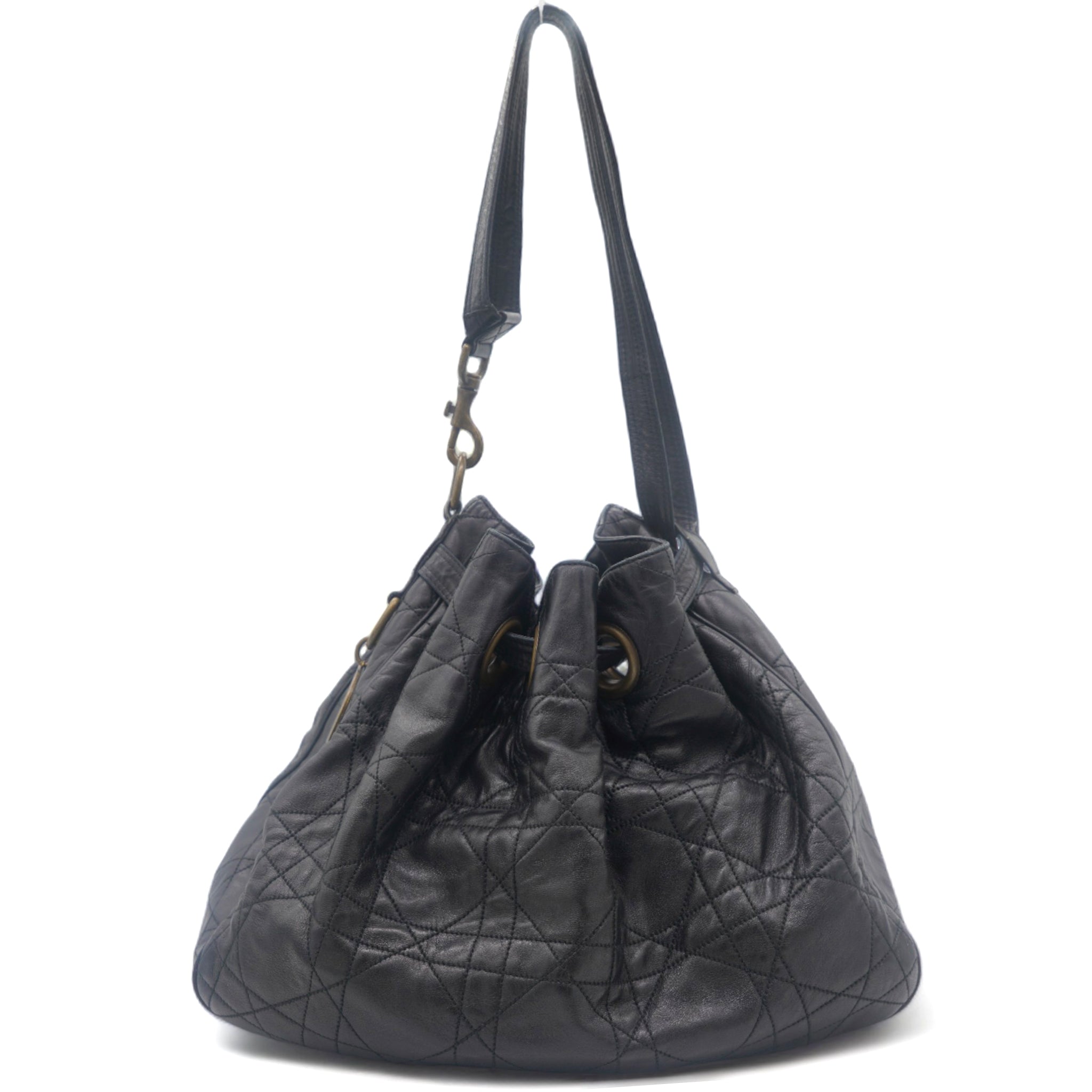 Lambskin Cannage Drawstring Bag Black