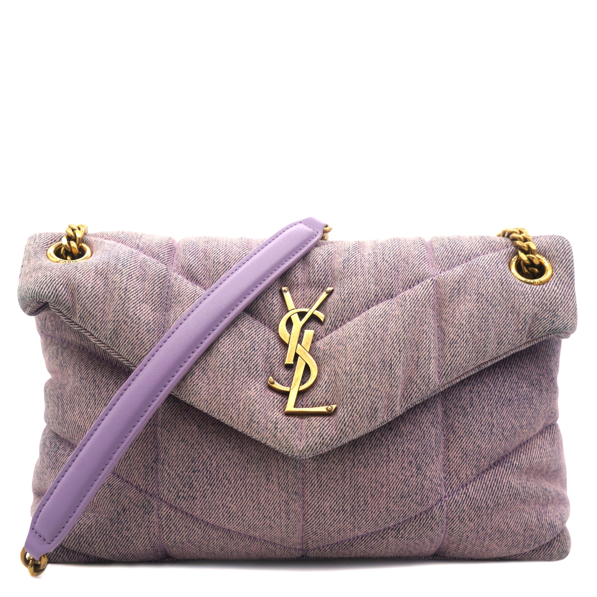 Denim Quilted Small Loulou Puffer Monogram Chain Satchel Bleached Lilac