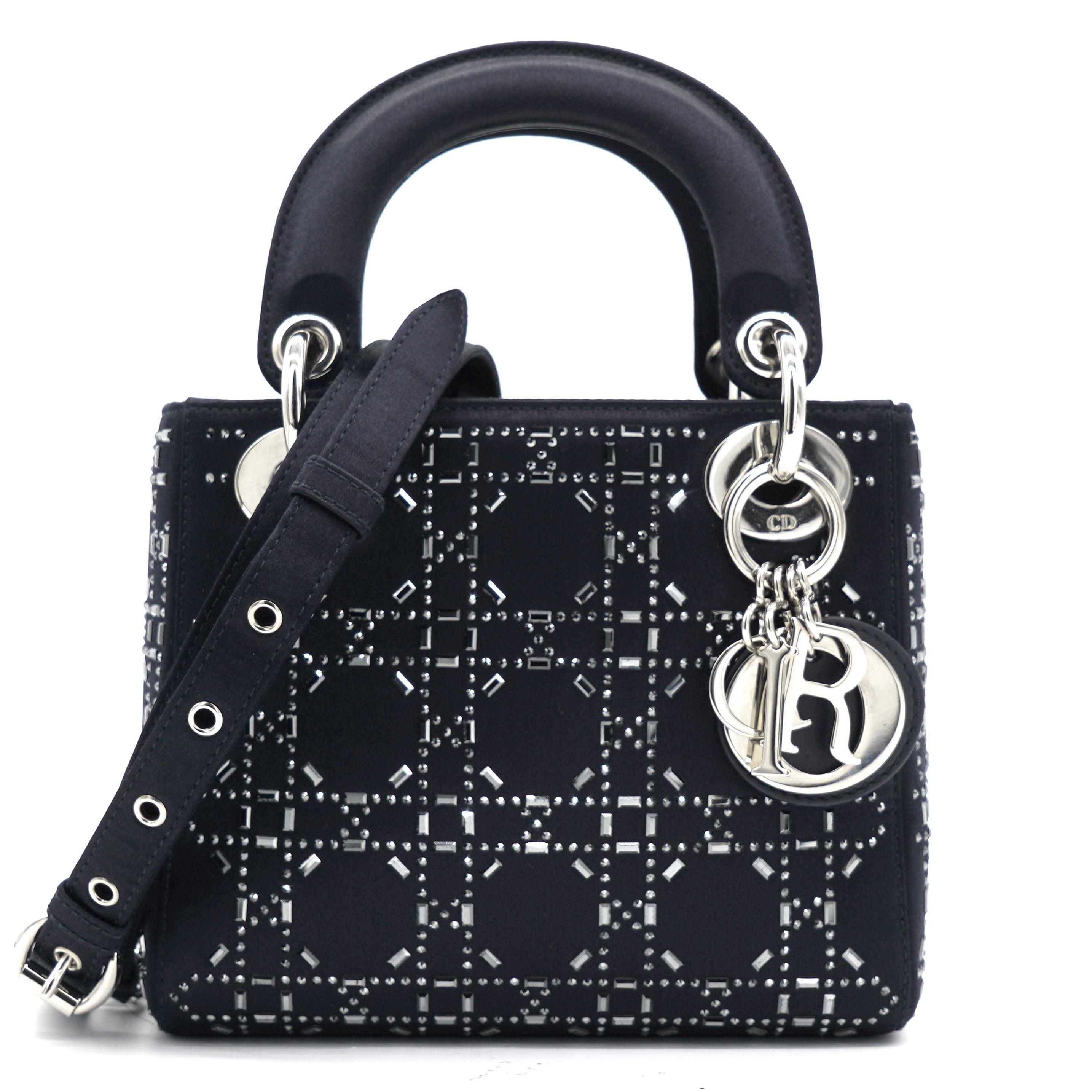 Satin Crystal Cannage Mini Lady Dior Black