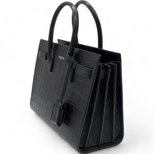 Calfskin Crocodile Embossed Small Sac De Jour Black