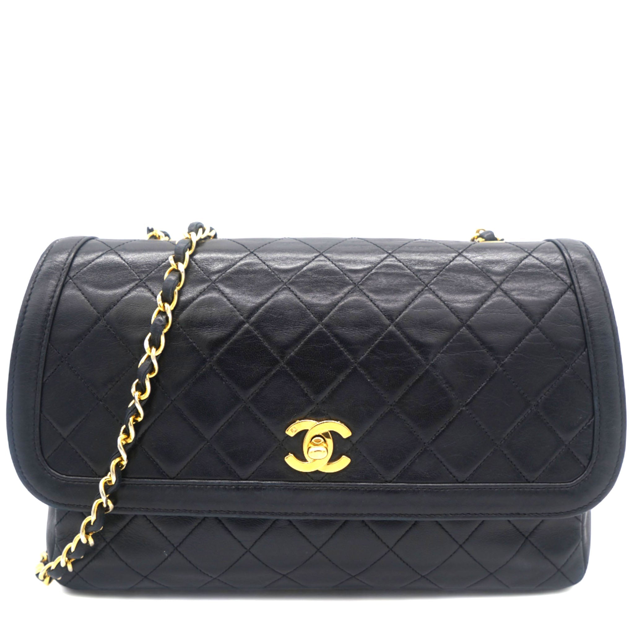 Vintage Lambskin Quilted Medium Single Flap Shoulder Bag Black