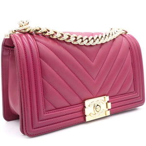 Fuschia Lambskin Chevron Quilted Old Medium Boy Flap