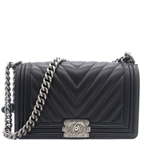 Boy Flap Chevron Calfskin Silver-tone Medium Black