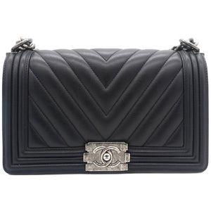 Boy Flap Chevron Calfskin Silver-tone Medium Black