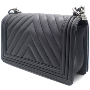 Boy Flap Chevron Calfskin Silver-tone Medium Black