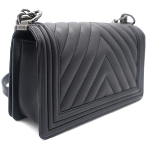Boy Flap Chevron Calfskin Silver-tone Medium Black