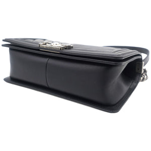 Boy Flap Chevron Calfskin Silver-tone Medium Black