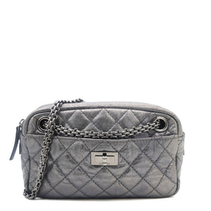 Metallic Aged Calfskin Quilted Small Reissue Camera Case Dark Silver