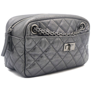 Metallic Aged Calfskin Quilted Small Reissue Camera Case Dark Silver