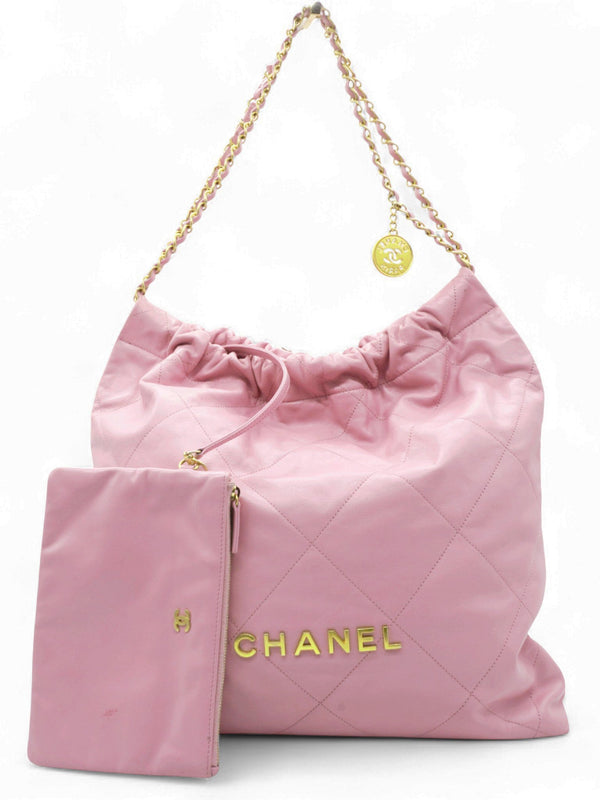 Shiny Quilted Chanel 22 Drawstring Bag Pink large