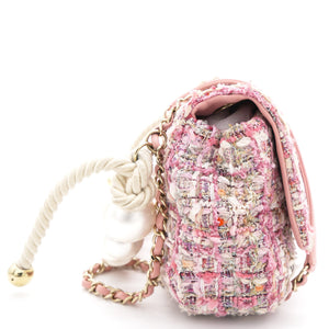 2019 Pink Tweed Fabric & Pearls Classic Single Flap Bag