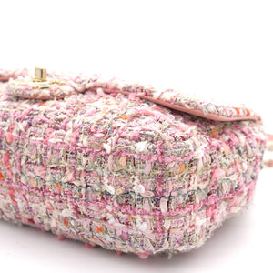 2019 Pink Tweed Fabric & Pearls Classic Single Flap Bag