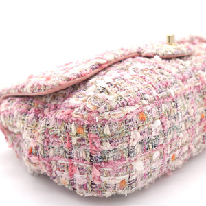 2019 Pink Tweed Fabric & Pearls Classic Single Flap Bag