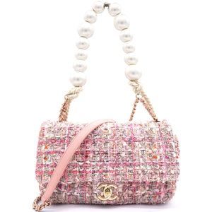 2019 Pink Tweed Fabric & Pearls Classic Single Flap Bag