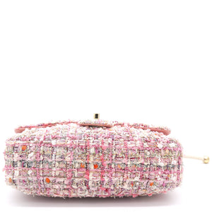 2019 Pink Tweed Fabric & Pearls Classic Single Flap Bag