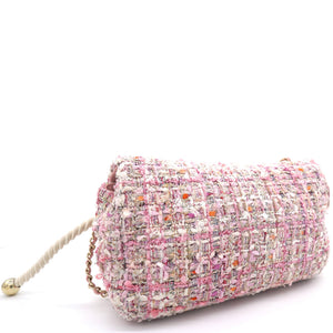 2019 Pink Tweed Fabric & Pearls Classic Single Flap Bag