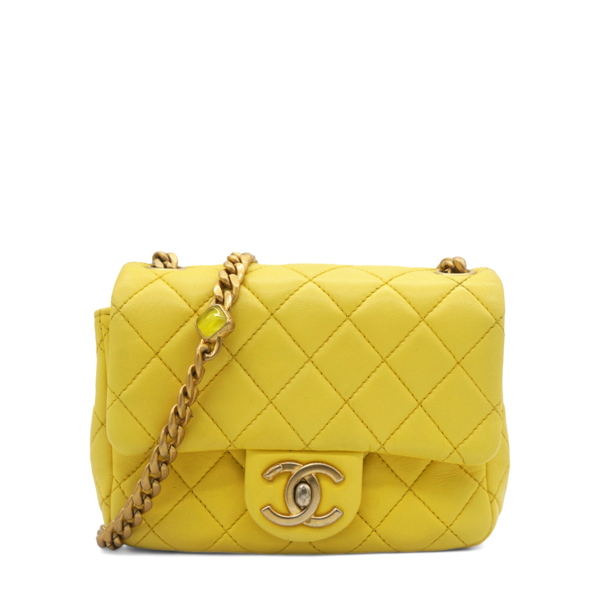 Lambskin Quilted Mini Jewellery Chain Strap Square Flap Yellow