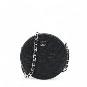 Caviar Camellia Embossed Round Clutch With Chain Black
