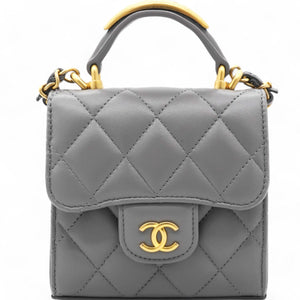 Lambskin Quilted Top Handle Flap Clutch With Chain Grey Mini