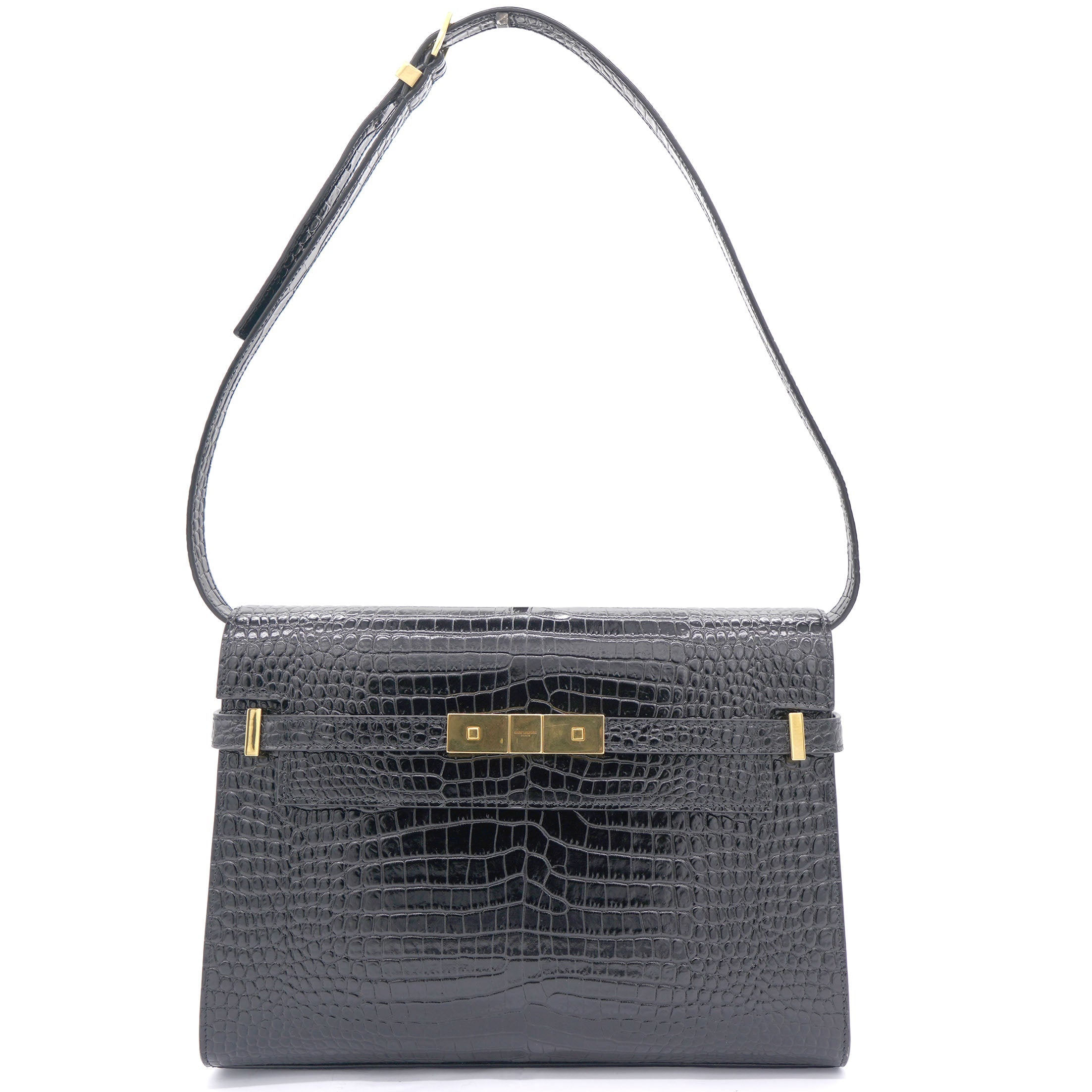 Embossed Calfskin Manhattan Shoulder Bag Black