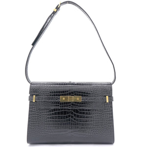 Embossed Calfskin Manhattan Shoulder Bag Black