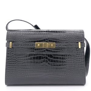 Embossed Calfskin Manhattan Shoulder Bag Black