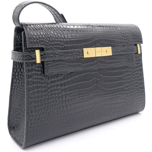 Embossed Calfskin Manhattan Shoulder Bag Black