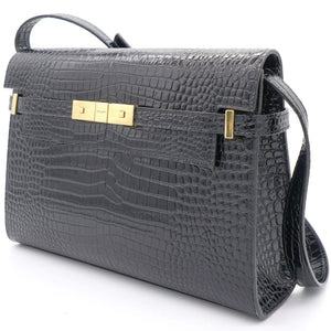 Embossed Calfskin Manhattan Shoulder Bag Black