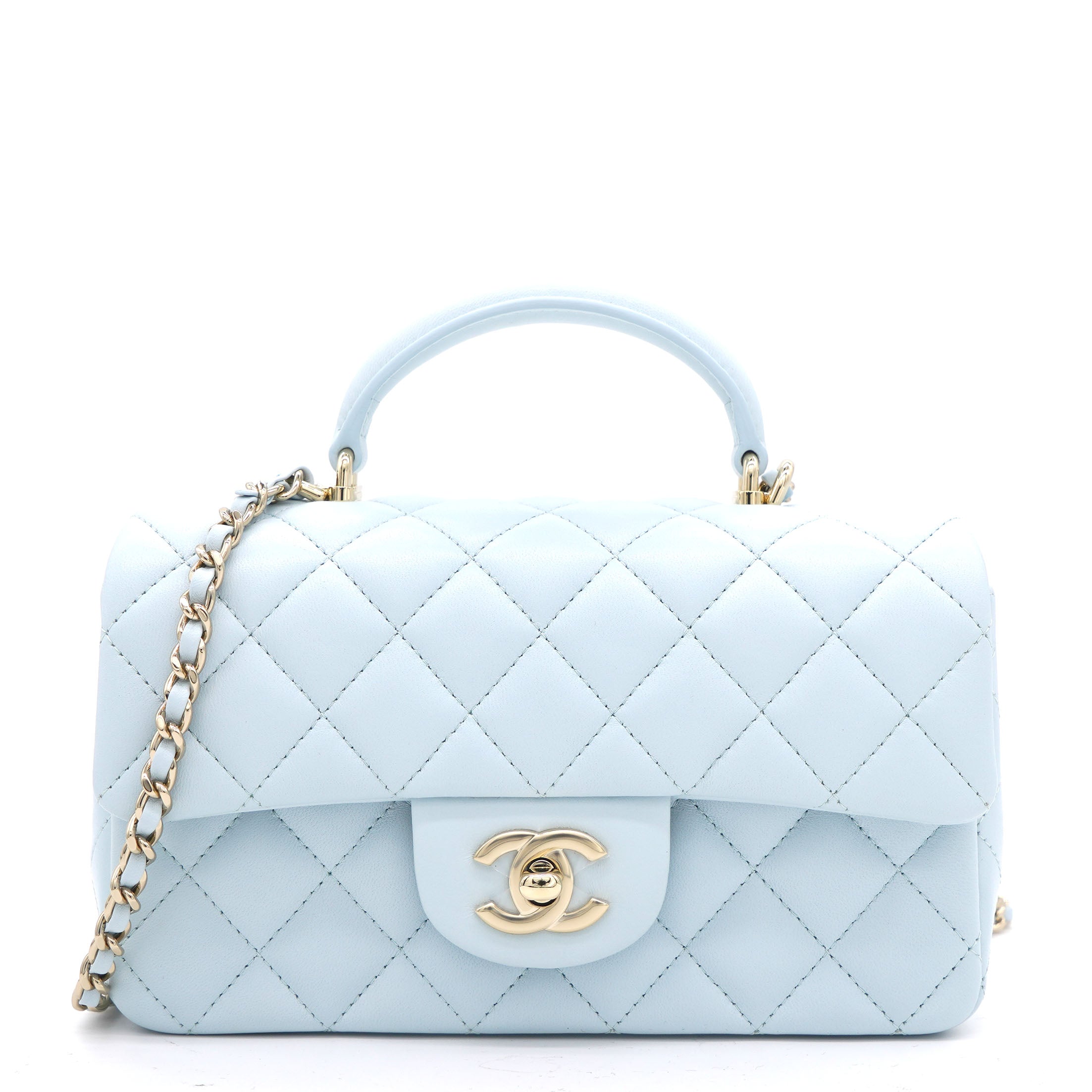Lambskin Quilted Mini Top Handle Rectangular Flap Light Blue