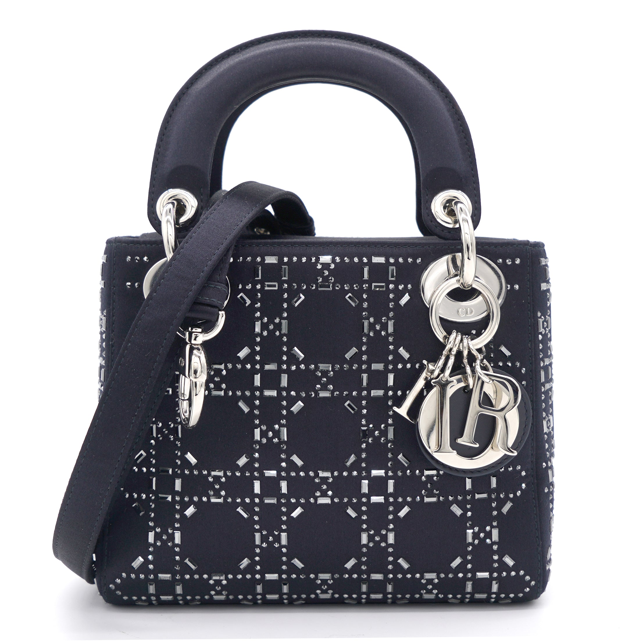 Satin Crystal Cannage Mini Lady Dior Black
