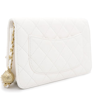 Lambskin Quilted CC Pearl Crush Wallet on Chain White