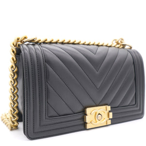 Black Chevron Leather Medium Boy Flap Bag