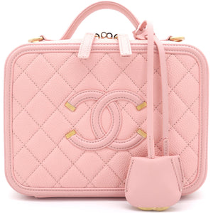 Pink Quilted Caviar Leather Medium CC Filigree Vanity Case Bag