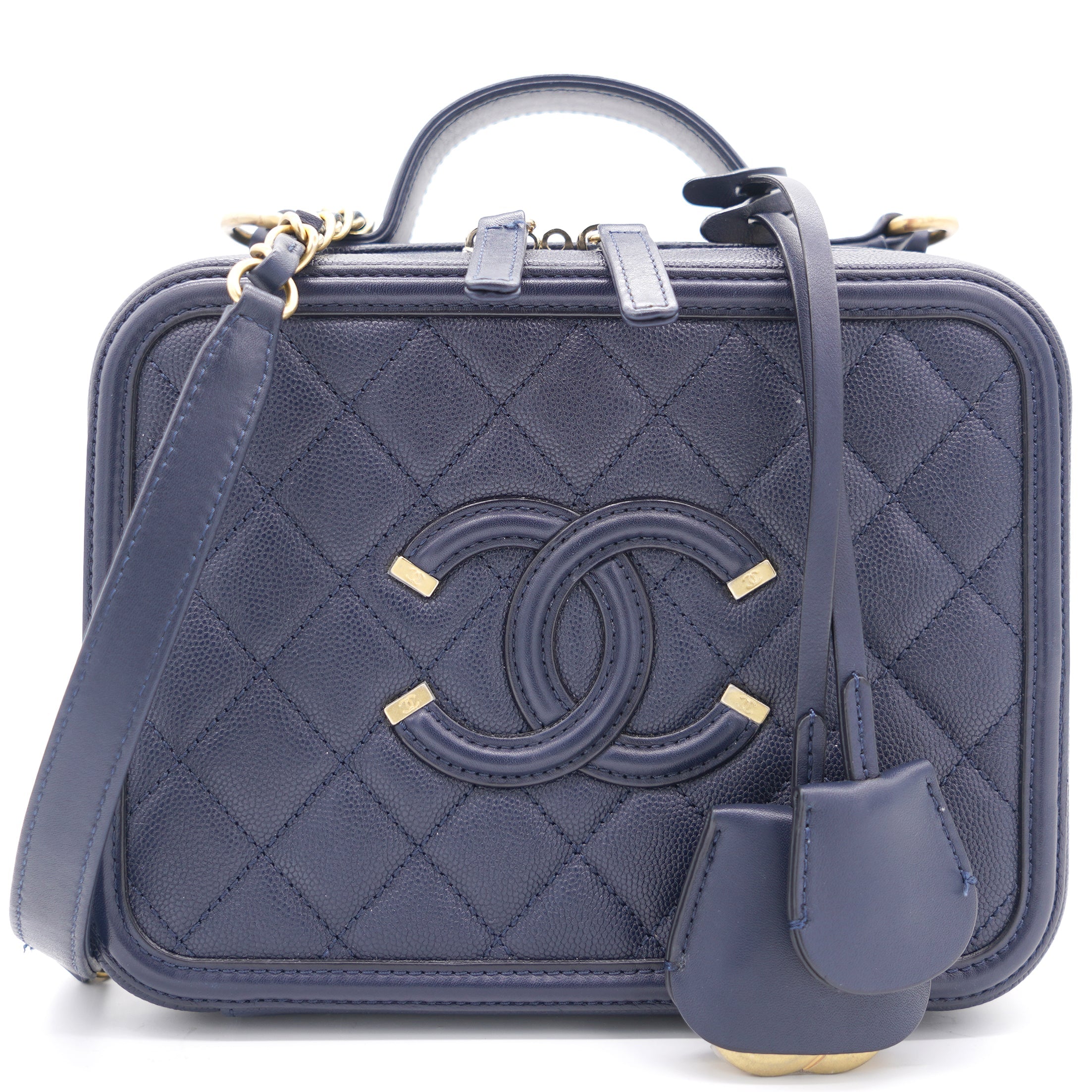 Navy Quilted Caviar Leather Medium CC Filigree Vanity Case Bag