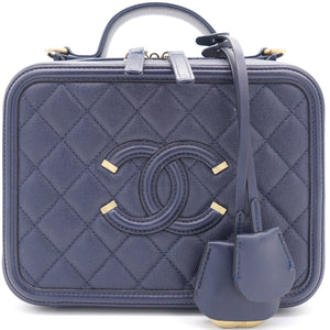 Navy Quilted Caviar Leather Medium CC Filigree Vanity Case Bag