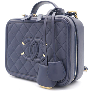 Navy Quilted Caviar Leather Medium CC Filigree Vanity Case Bag