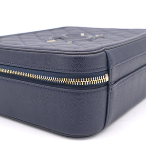 Navy Quilted Caviar Leather Medium CC Filigree Vanity Case Bag