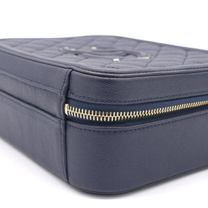 Navy Quilted Caviar Leather Medium CC Filigree Vanity Case Bag