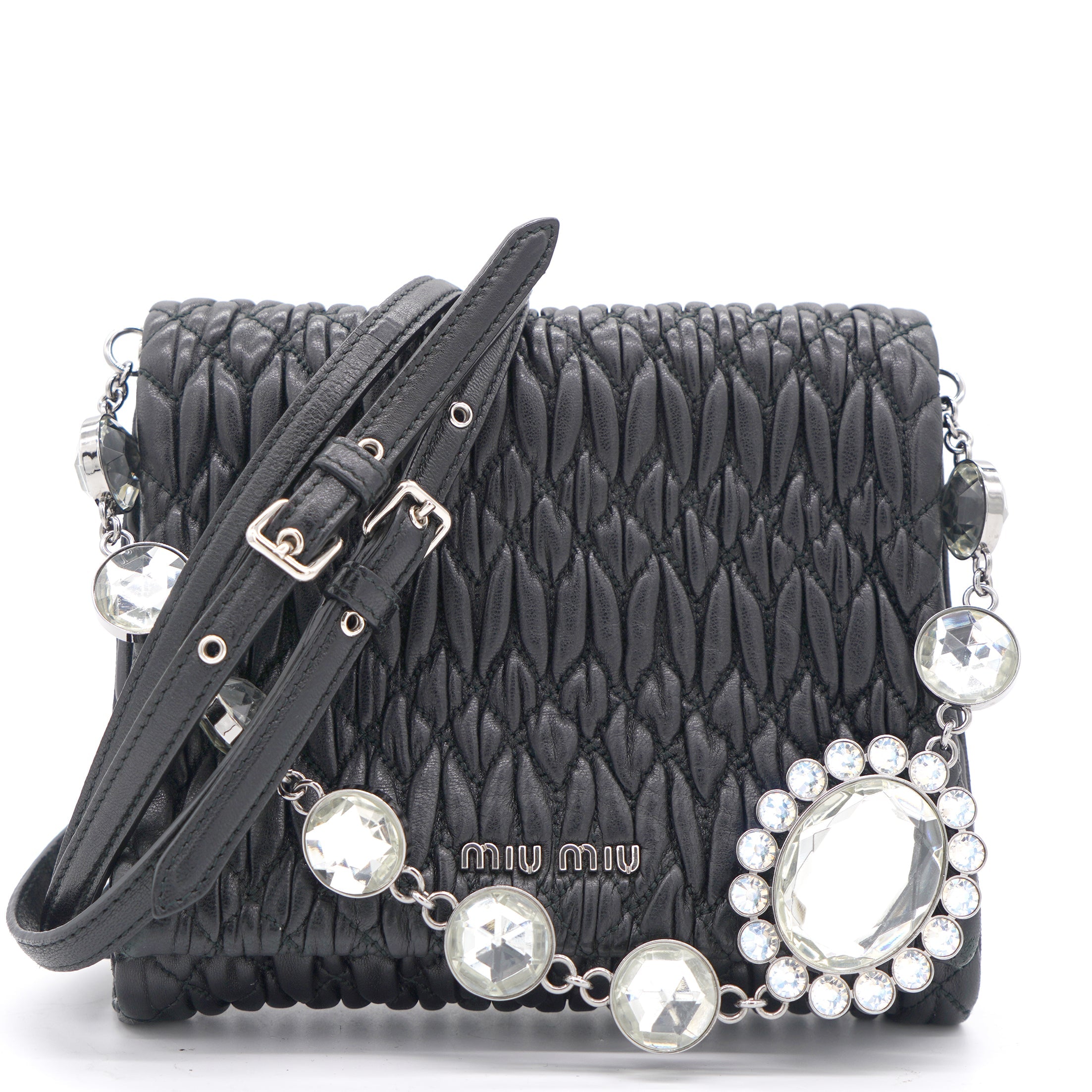 Black Matelasse Leather Crystal Crossbody Bag