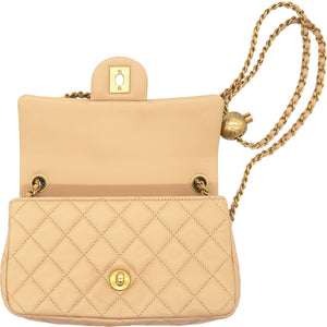 Lambskin Quilted Mini Pearl Crush Rectangular Flap Beige