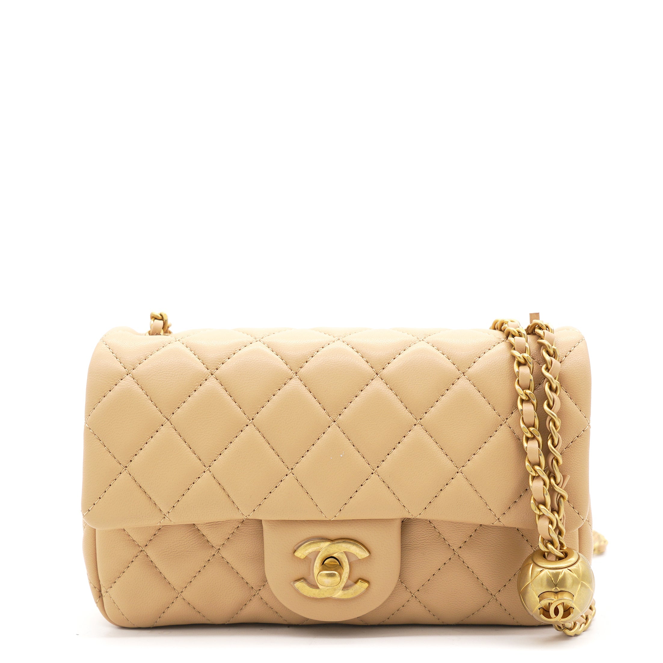 Lambskin Quilted Mini Pearl Crush Rectangular Flap Beige