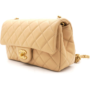 Lambskin Quilted Mini Pearl Crush Rectangular Flap Beige