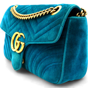 Velvet Matelasse Small GG Marmont Shoulder Bag Pavone Cyan
