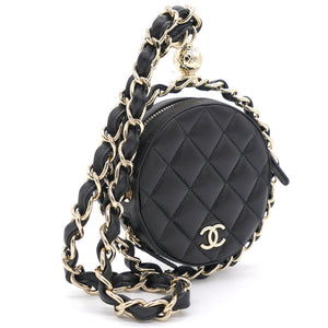 Lambskin Quilted Round Mini Chain Bag Black