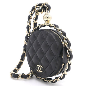 Lambskin Quilted Round Mini Chain Bag Black