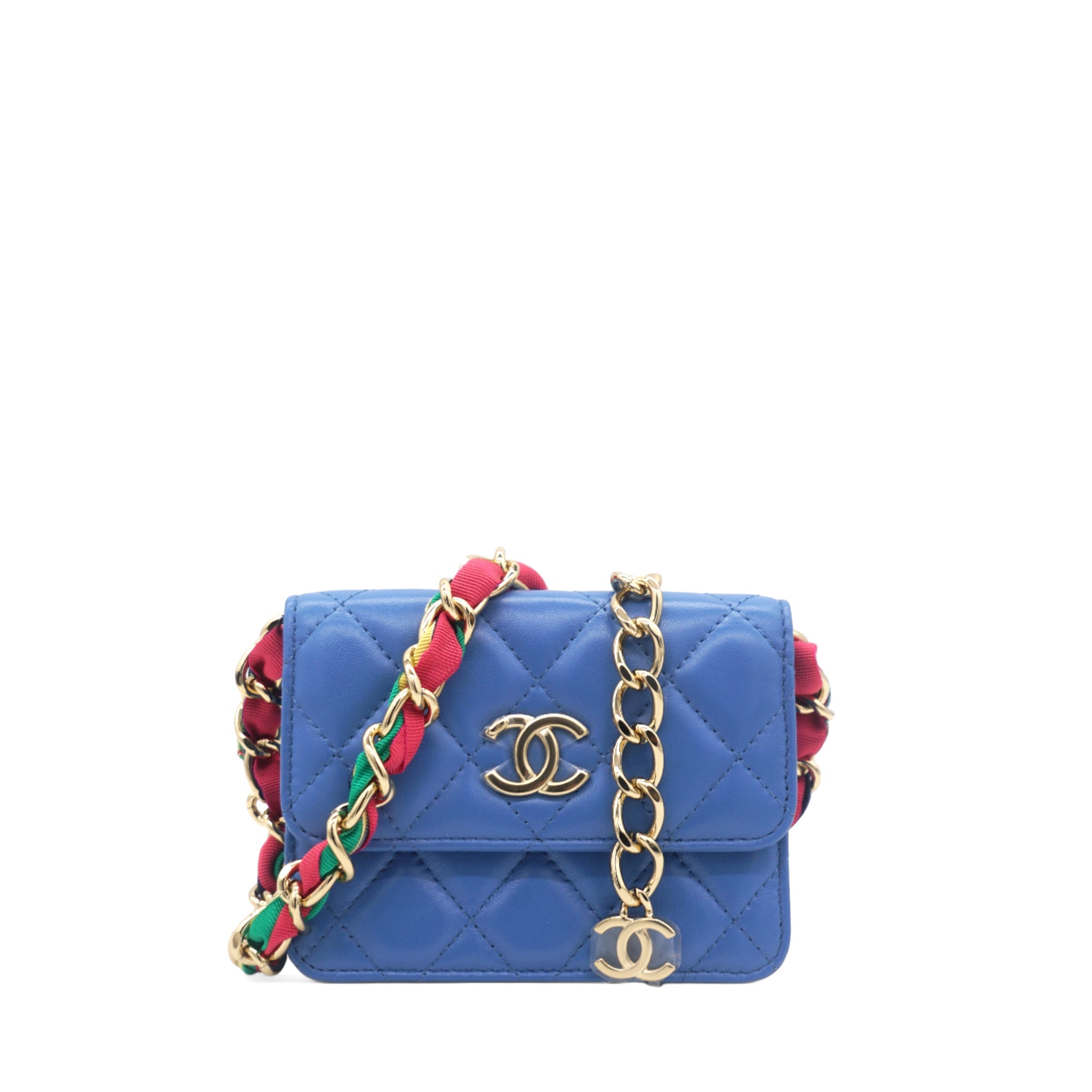 Lambskin Quilted Flap Card Holder On Chain Blue