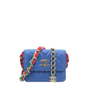 Lambskin Quilted Flap Card Holder On Chain Blue