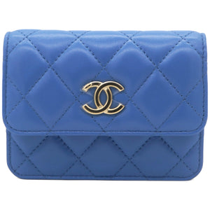 Lambskin Quilted Flap Card Holder On Chain Blue