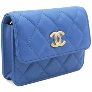 Lambskin Quilted Flap Card Holder On Chain Blue